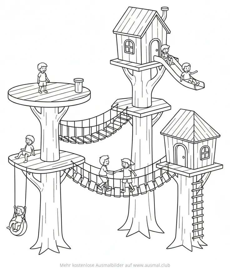 Mehrstöckiges Baumhaus mit Kindern Ausmalbild
