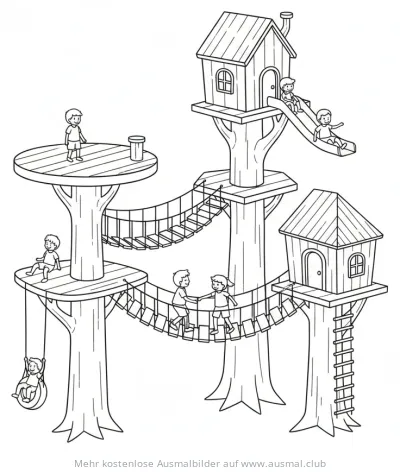 Mehrstöckiges Baumhaus mit Kindern Ausmalbild
