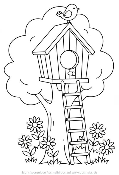 Baumhaus mit Vogelhaus und Leiter Ausmalbild