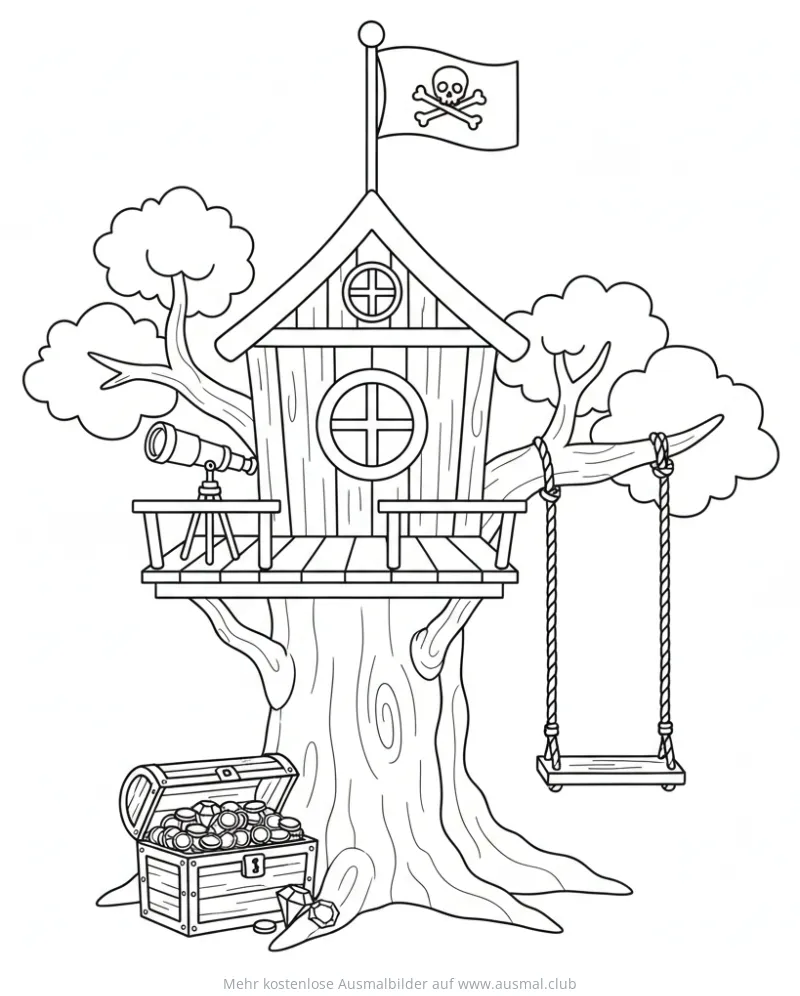Piraten Baumhaus mit Schatzkiste und Schaukel Ausmalbild