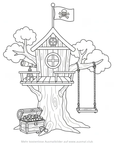Piraten Baumhaus mit Schatzkiste und Schaukel Ausmalbild