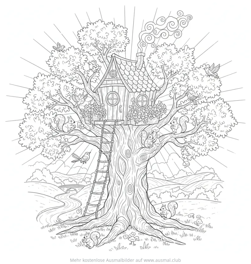 Baumhaus in Eiche Ausmalbild mit Tieren