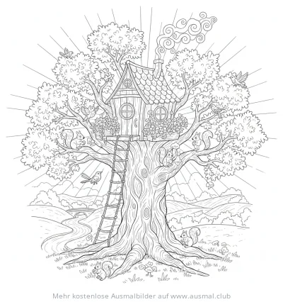 Baumhaus in Eiche Ausmalbild mit Tieren