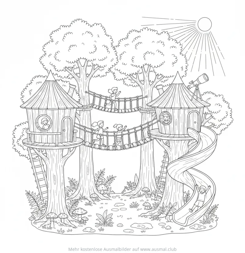 Baumhaus-Abenteuer mit Kindern auf Hängebrücken und Rutsche Ausmalbild