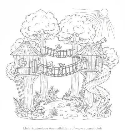 Baumhaus-Abenteuer mit Kindern auf Hängebrücken und Rutsche Ausmalbild