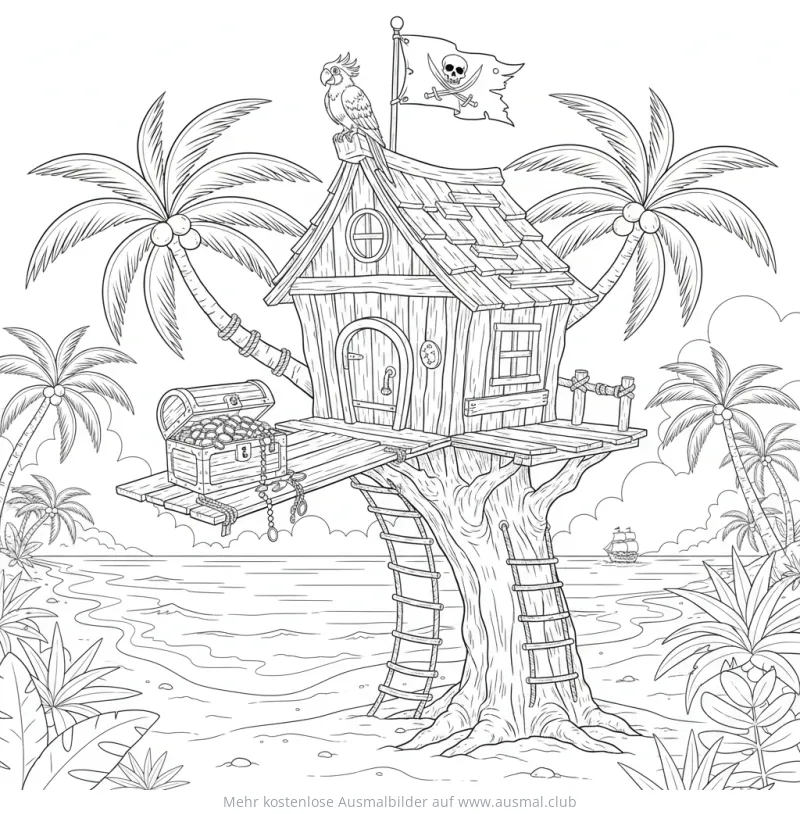 Pirat Baumhaus mit Papagei und Schatz Ausmalbild