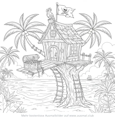 Pirat Baumhaus mit Papagei und Schatz Ausmalbild