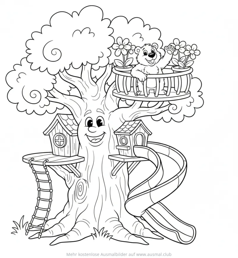 Baumhaus mit Bär, Rutsche und Vogelhäuschen Ausmalbild