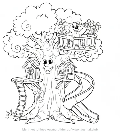 Baumhaus mit Bär, Rutsche und Vogelhäuschen Ausmalbild