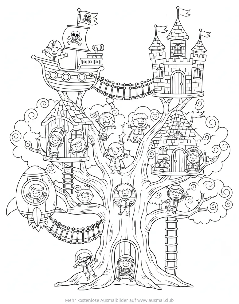 Baumhaus mit Burg, Schiff, Rakete und vielen Kindern Ausmalbild