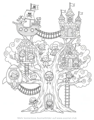 Baumhaus mit Burg, Schiff, Rakete und vielen Kindern Ausmalbild