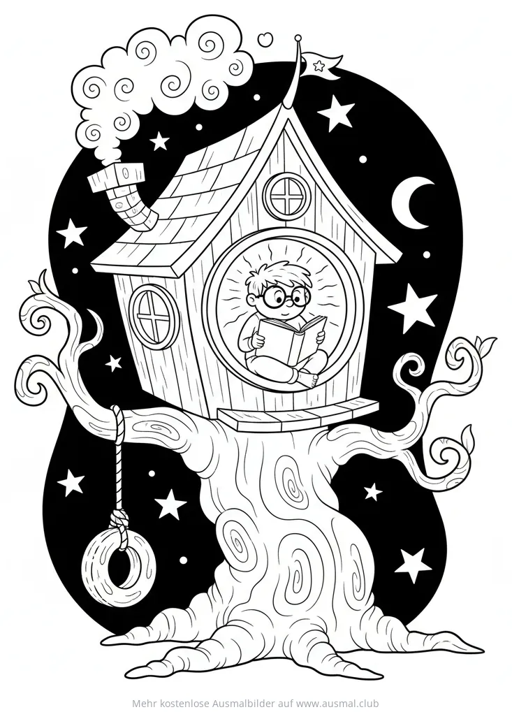 Junge liest Buch im Baumhaus bei Nacht Ausmalbild