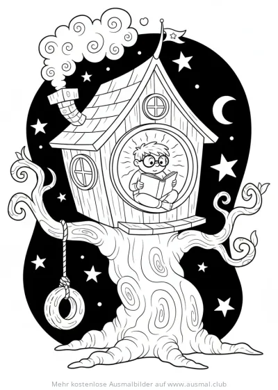 Junge liest Buch im Baumhaus bei Nacht Ausmalbild