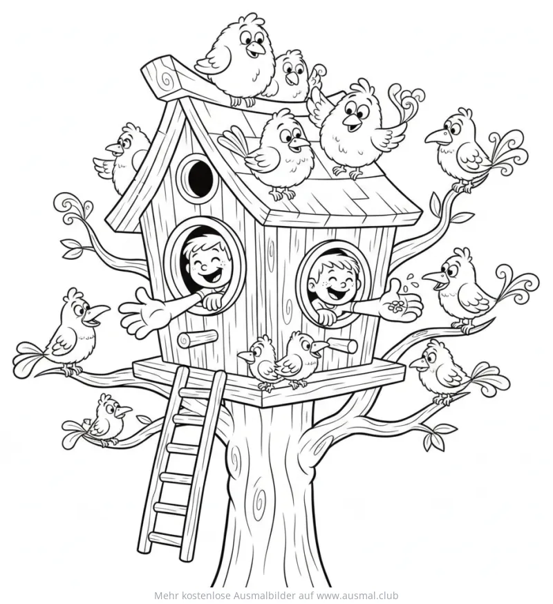 Baumhaus mit Kindern und vielen Vögeln Ausmalbild