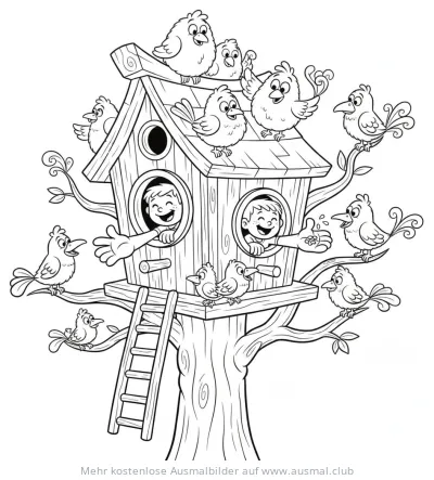 Baumhaus mit Kindern und vielen Vögeln Ausmalbild