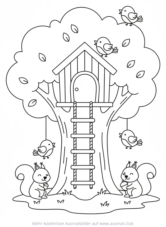 Baumhaus mit Strickleiter, Eichhörnchen und Vögel Ausmalbild