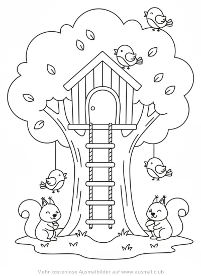 Baumhaus mit Strickleiter, Eichhörnchen und Vögel Ausmalbild