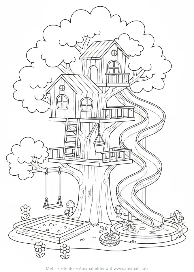 Mehrstöckiges Baumhaus Ausmalbild mit Rutsche und Schaukel
