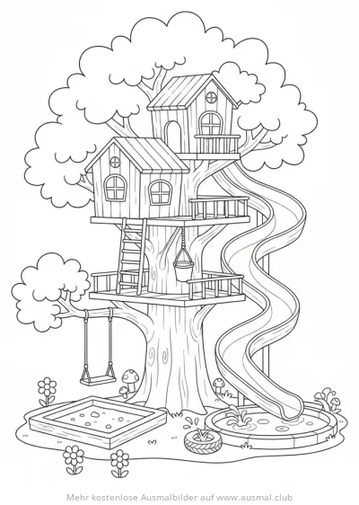 Mehrstöckiges Baumhaus Ausmalbild mit Rutsche und Schaukel