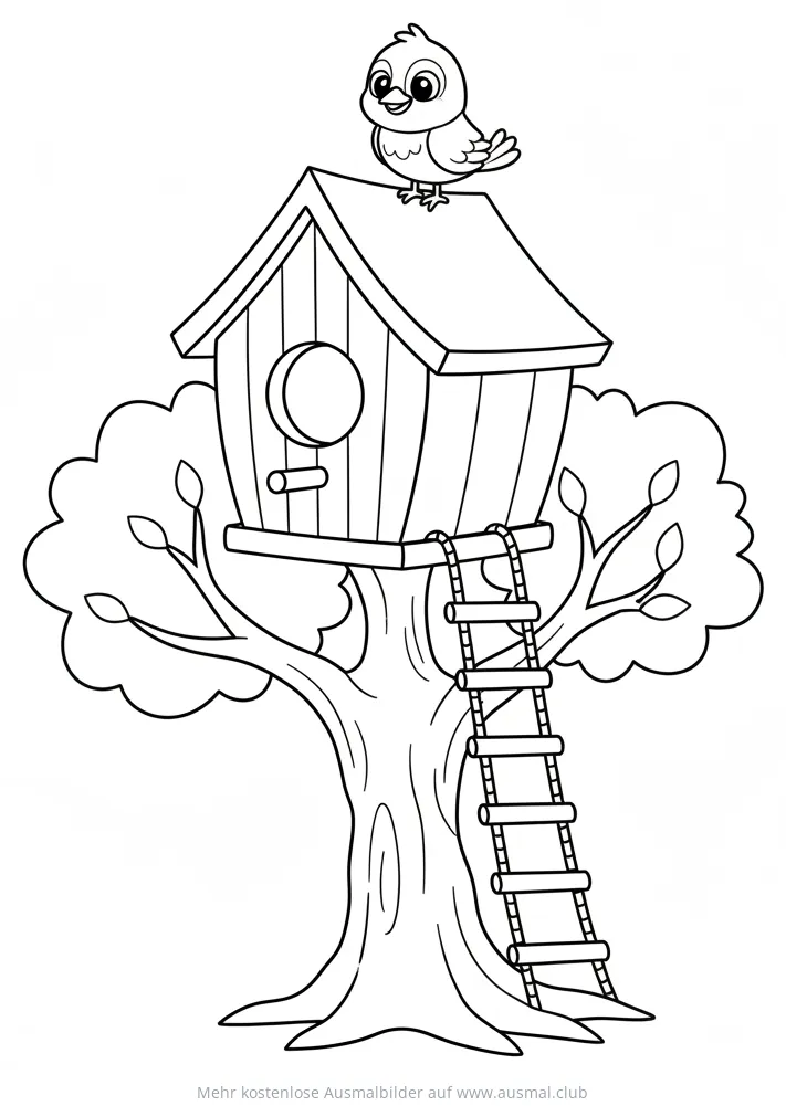 Baumhaus mit Vogelhaus und Leiter Ausmalbild