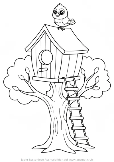 Baumhaus mit Vogelhaus und Leiter Ausmalbild
