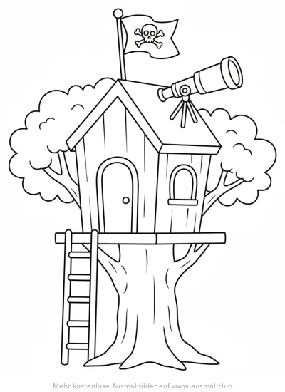 Piraten Baumhaus mit Flagge und Teleskop Ausmalbild