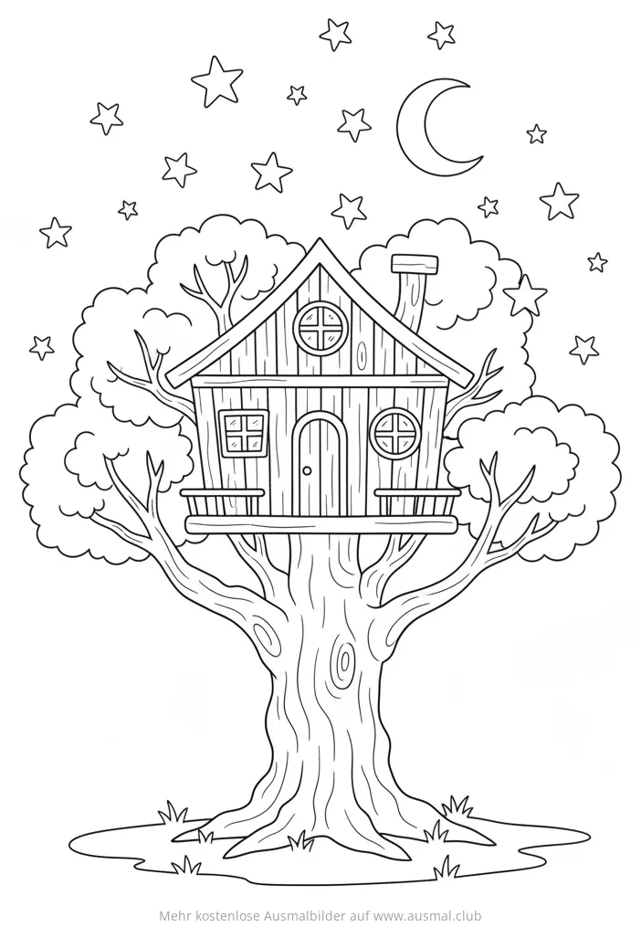 Baumhaus Ausmalbild unter Sternenhimmel und Halbmond