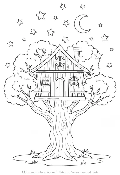 Baumhaus Ausmalbild unter Sternenhimmel und Halbmond