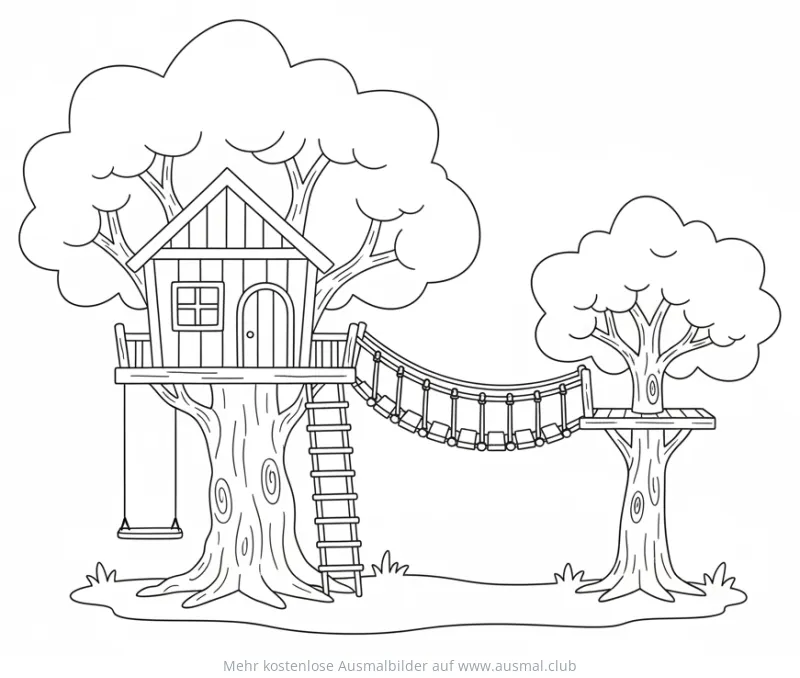 Baumhaus mit Hängebrücke Ausmalbild