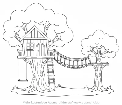 Baumhaus mit Hängebrücke Ausmalbild