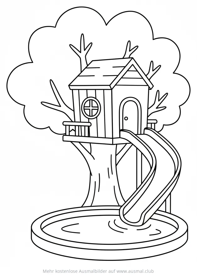 Baumhaus mit Rutsche und Pool Ausmalbild