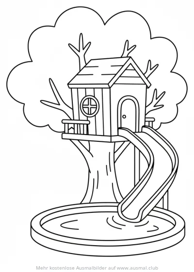 Baumhaus mit Rutsche und Pool Ausmalbild