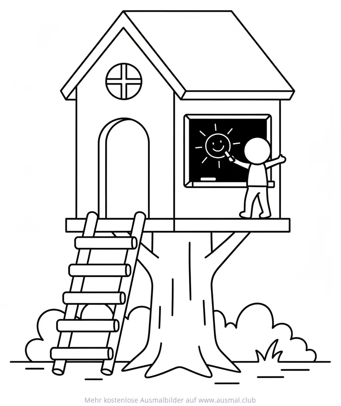 Baumhaus mit Kreidetafel Ausmalbild