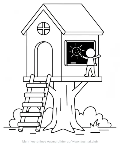 Baumhaus mit Kreidetafel Ausmalbild