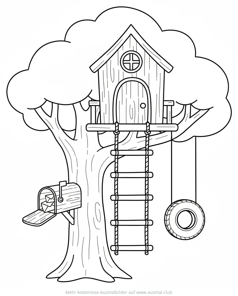 Detailreiches Baumhaus mit Leiter, Briefkasten und Reifenschaukel Ausmalbild