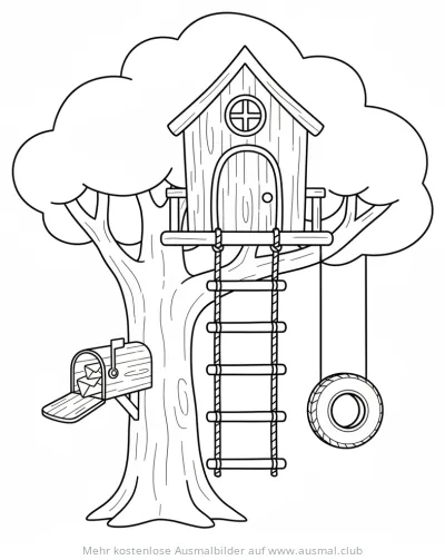 Detailreiches Baumhaus mit Leiter, Briefkasten und Reifenschaukel Ausmalbild