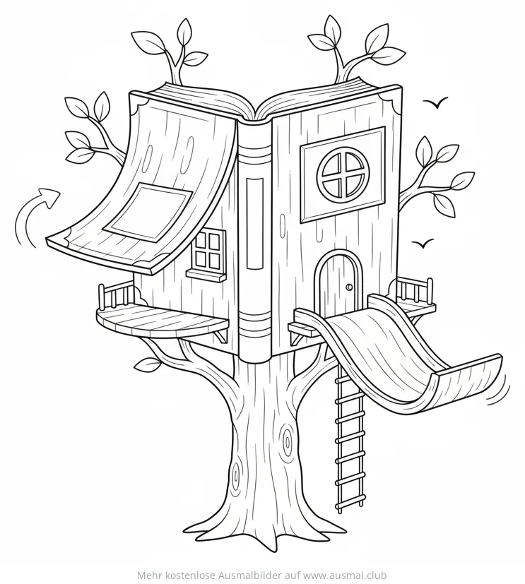 Buch-Baumhaus Ausmalbild mit Rutsche und Leiter