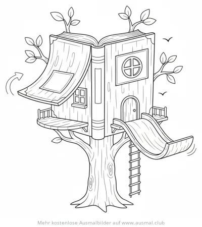 Buch-Baumhaus Ausmalbild mit Rutsche und Leiter