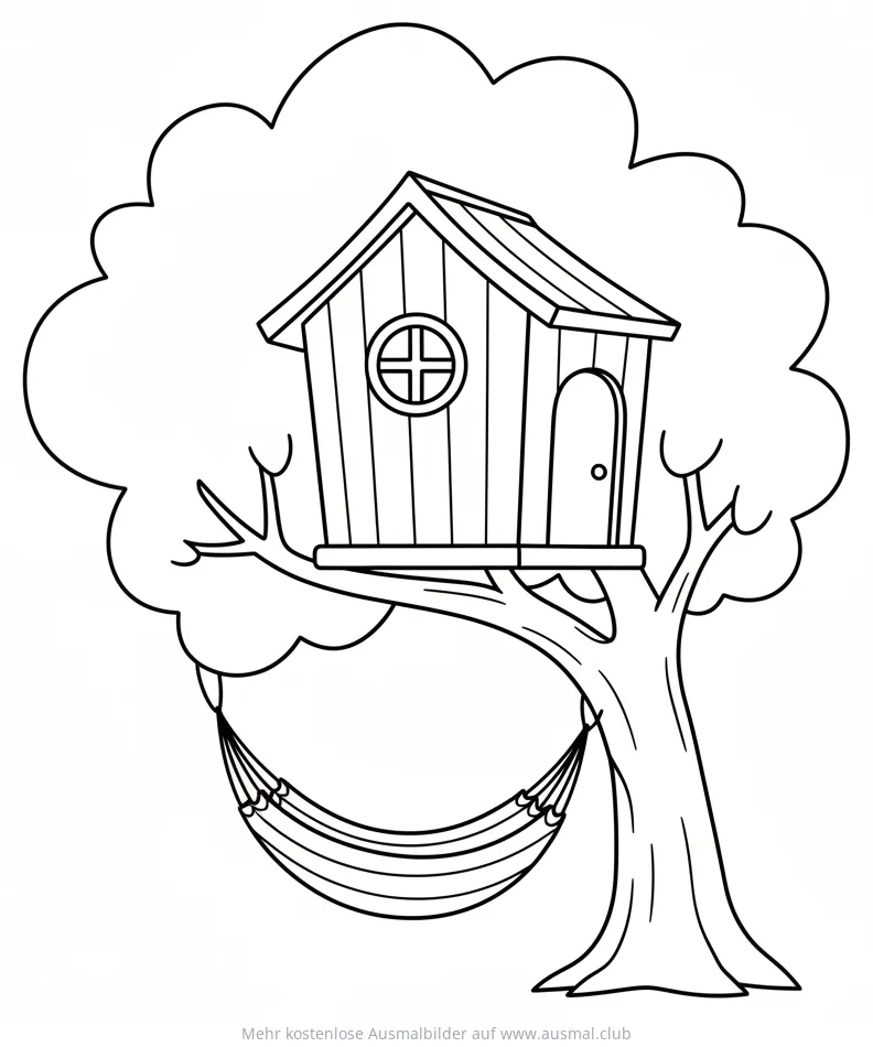 Baumhaus mit Hängematte Ausmalbild