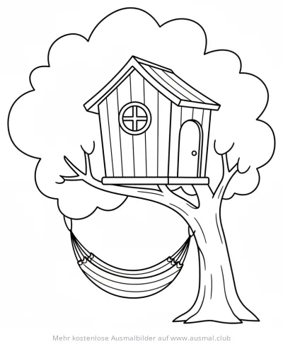 Baumhaus mit Hängematte Ausmalbild