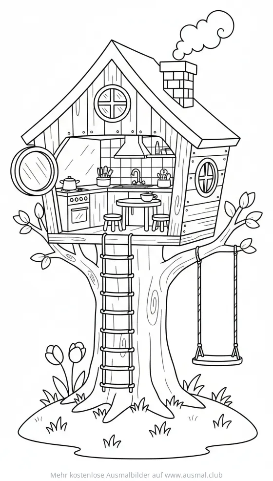 Baumhaus mit Küche, Leiter und Schaukel Ausmalbild