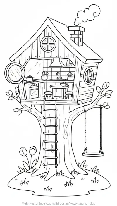 Baumhaus mit Küche, Leiter und Schaukel Ausmalbild