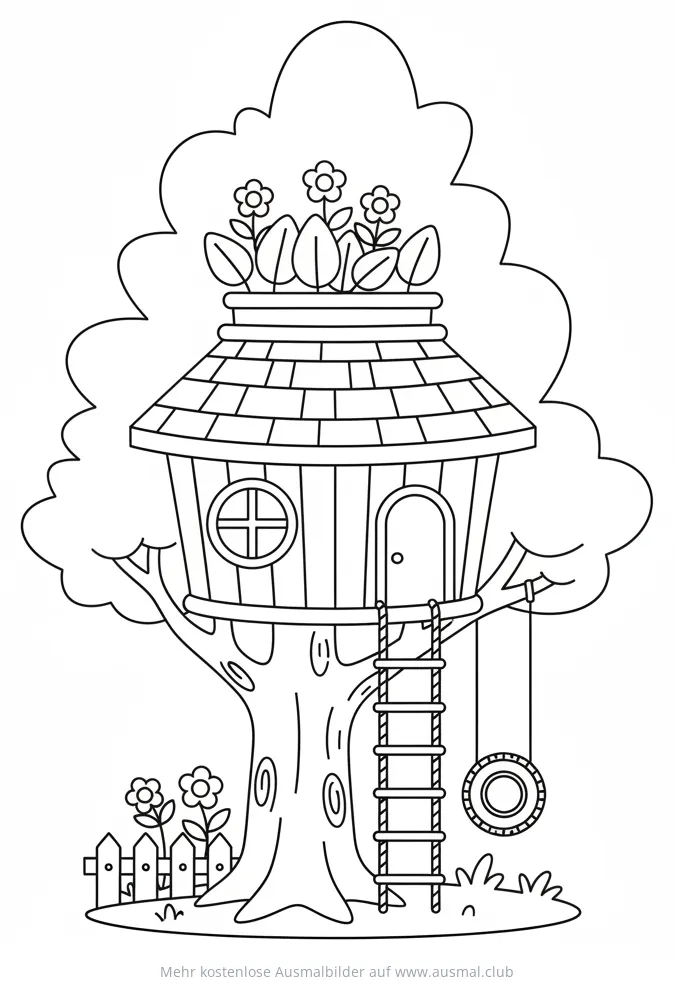 Baumhaus Ausmalbild mit Garten und Schaukel
