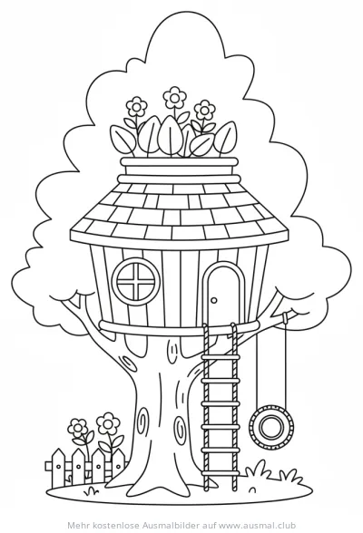 Baumhaus Ausmalbild mit Garten und Schaukel