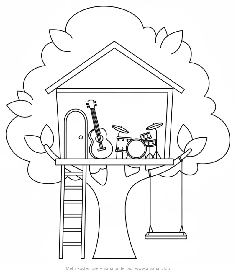 Baumhaus Ausmalbild mit Gitarre und Schlagzeug