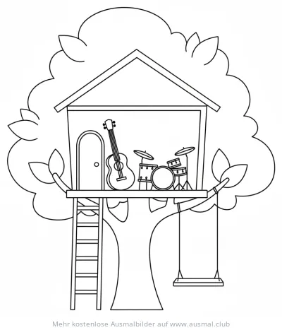 Baumhaus Ausmalbild mit Gitarre und Schlagzeug