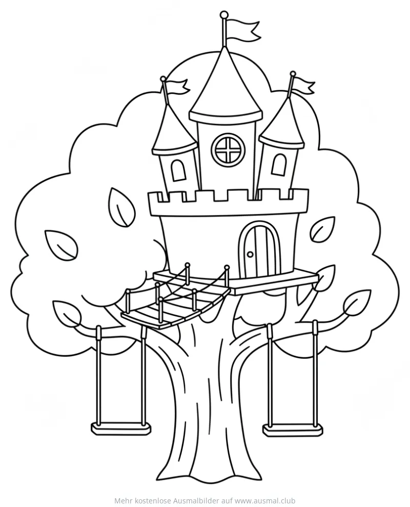 Baumhaus in Burgform Ausmalbild mit Schaukeln