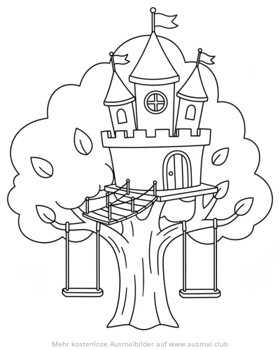 Baumhaus in Burgform Ausmalbild mit Schaukeln