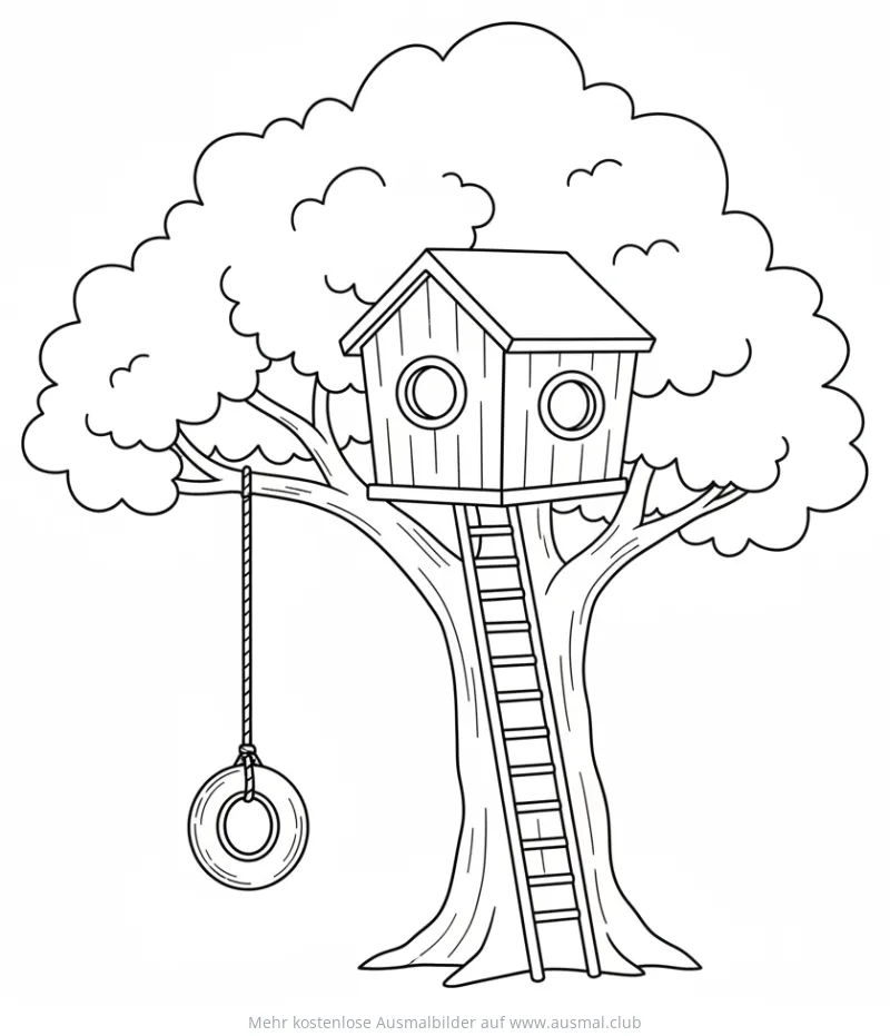 Baumhaus mit Leiter und Reifenschaukel Ausmalbild