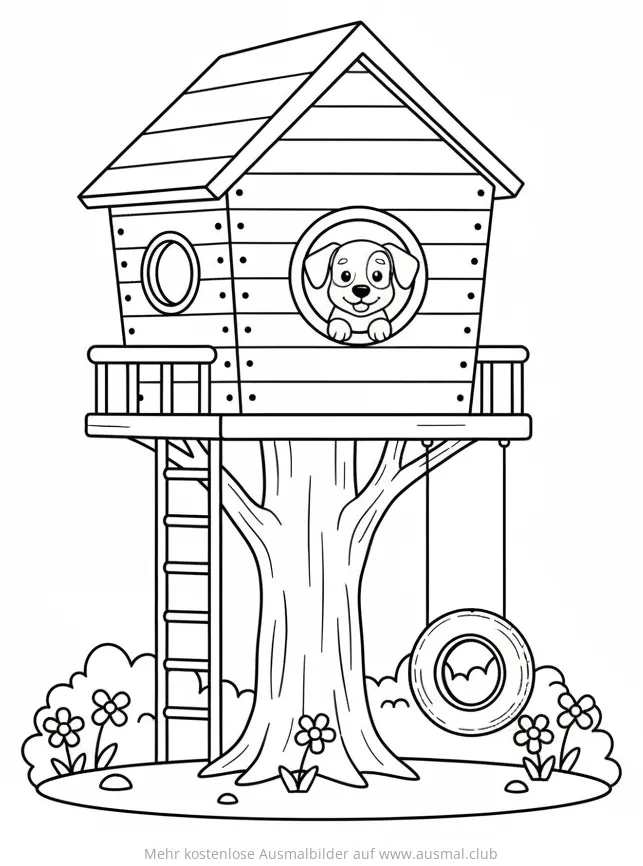 Baumhaus mit Hund im Fenster Ausmalbild